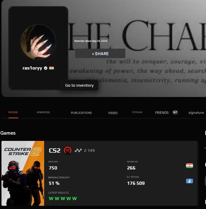 CS238 FACEIT 10 LVL · 2149 ELO · 750 Matches · Verified · With Native Mail · 1000 FACEIT Points 